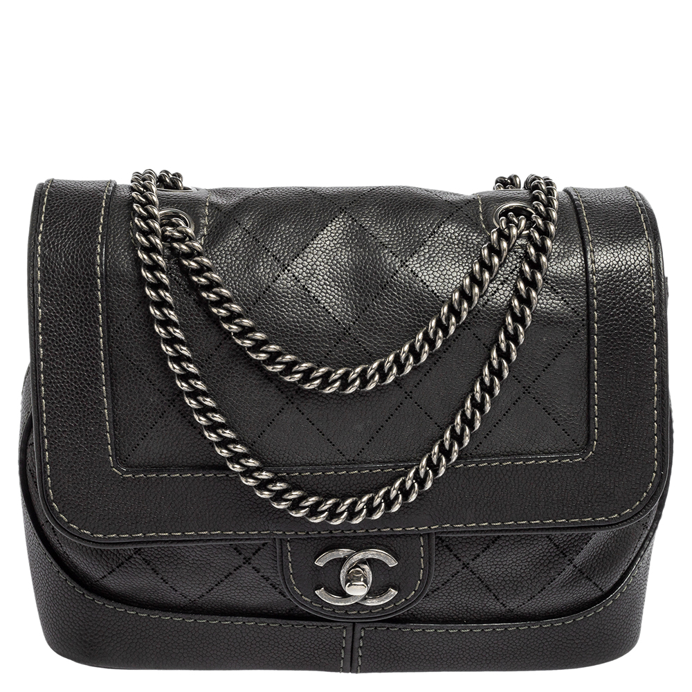 Chanel Dark Grey Perforated Quilt Caviar Leather CC Flap Accordion Bag