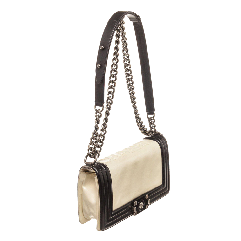

Chanel White/Black Patent Leather Boy Small Flap Bag