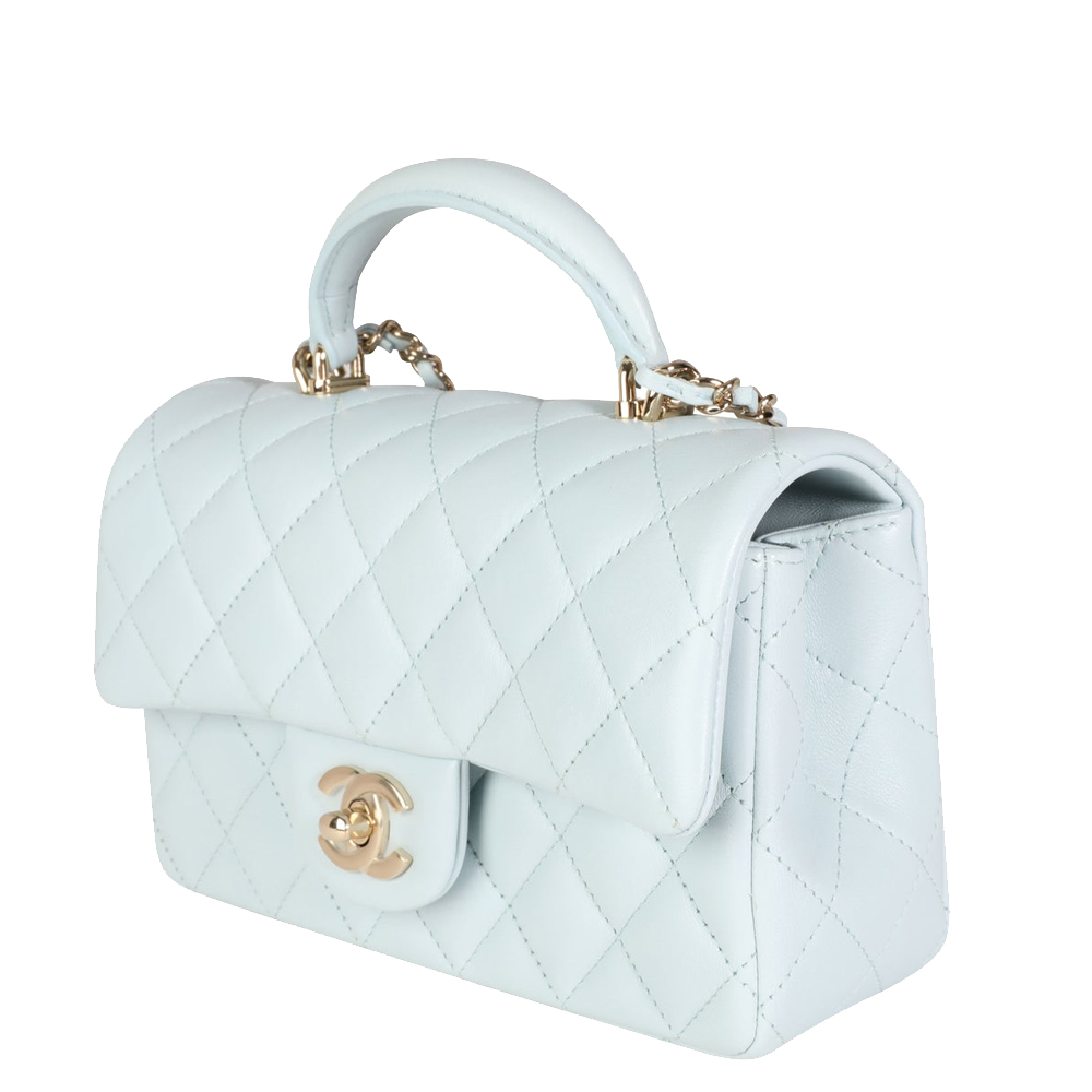 

Chanel Light Blue Quilted Lambskin Leather Mini Top Handle Flap Bag