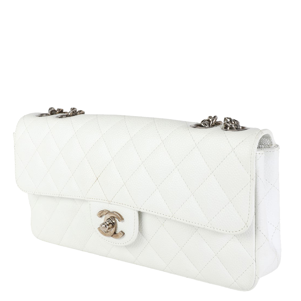 

Chanel White Caviar Quilted Leather East West Single Flap Bag
