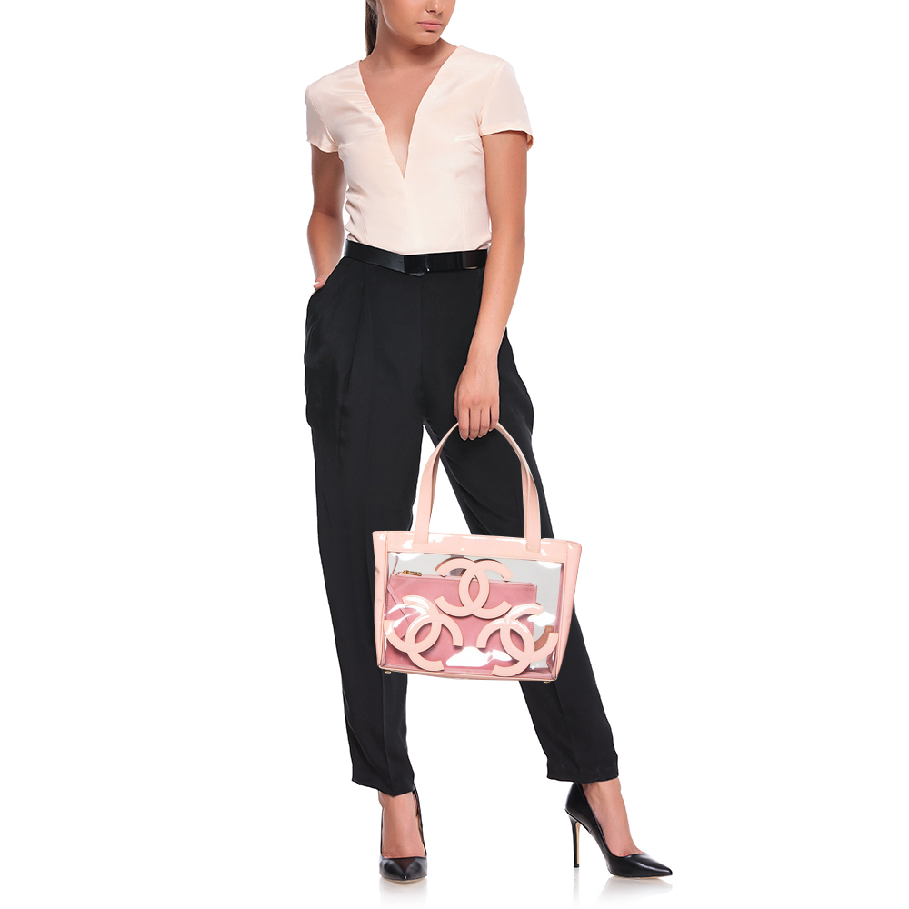 

Chanel Light Pink PVC and Patent Leather Medium Triple CC Tote