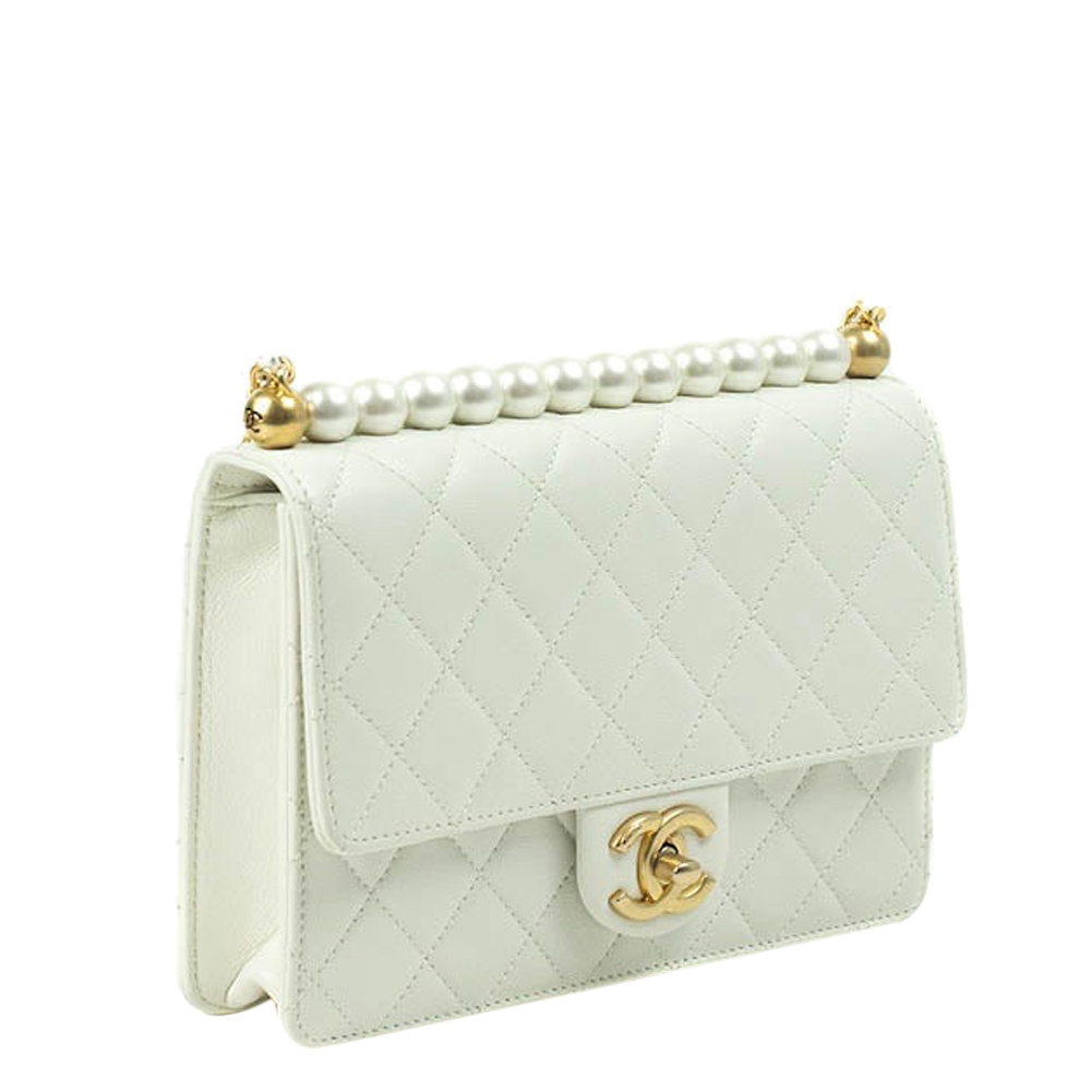 

Chanel White Quilted Leather Pearl Flap Shoulder Bag