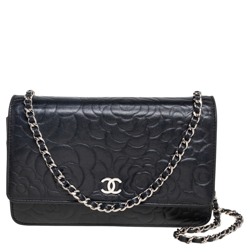 Pre Owned Chanel Black Camellia Embossed Leather CC Flap Wallet On Chain