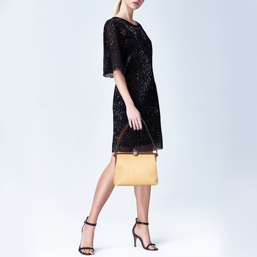 

Chanel Brown/Cream Woven Raffia and Leather CC Frame Top Handle Bag