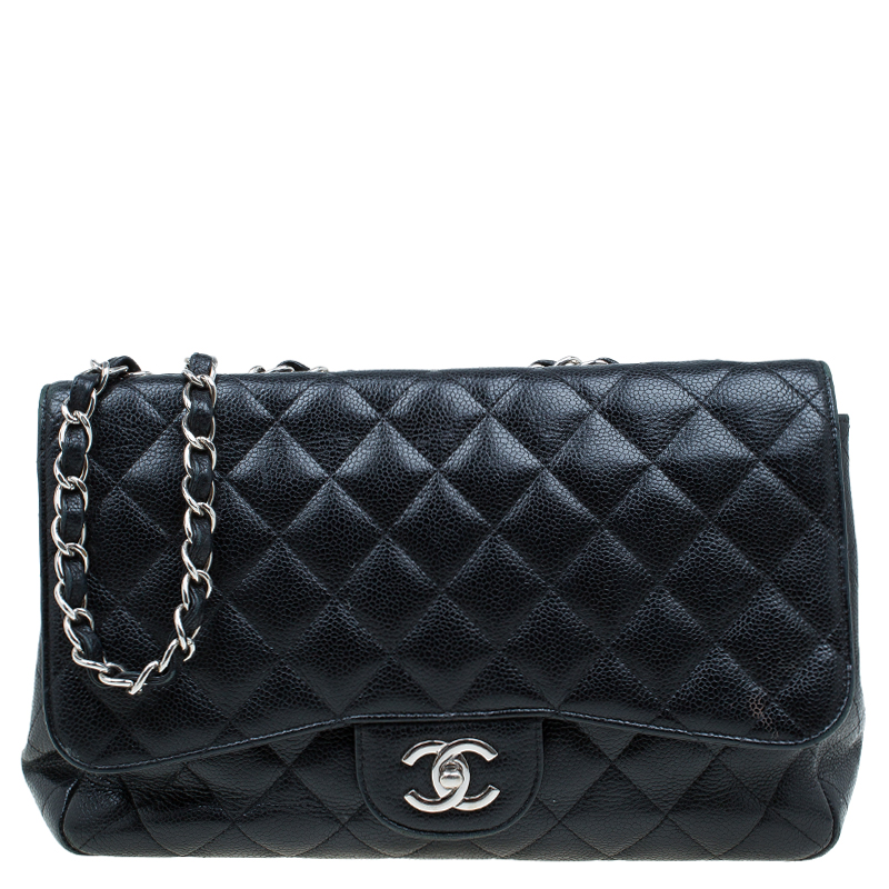 Pre Owned Chanel Black Quilted Caviar Leather Jumbo Classic Single Flap Bag