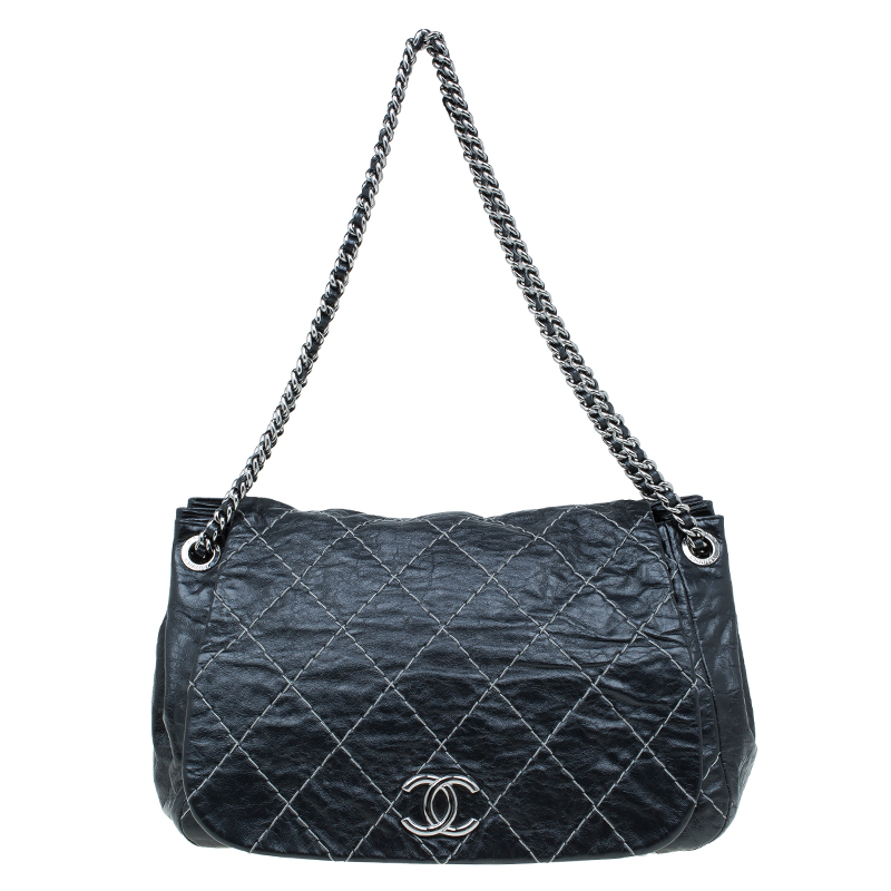 Pre Owned Chanel Black Quilted Leather Wild Stitch Accordion Flap Bag
