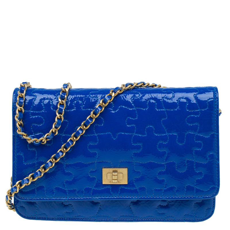 Pre Owned Chanel Blue Patent Leather Reissue Puzzle WOC Shoulder Bag
