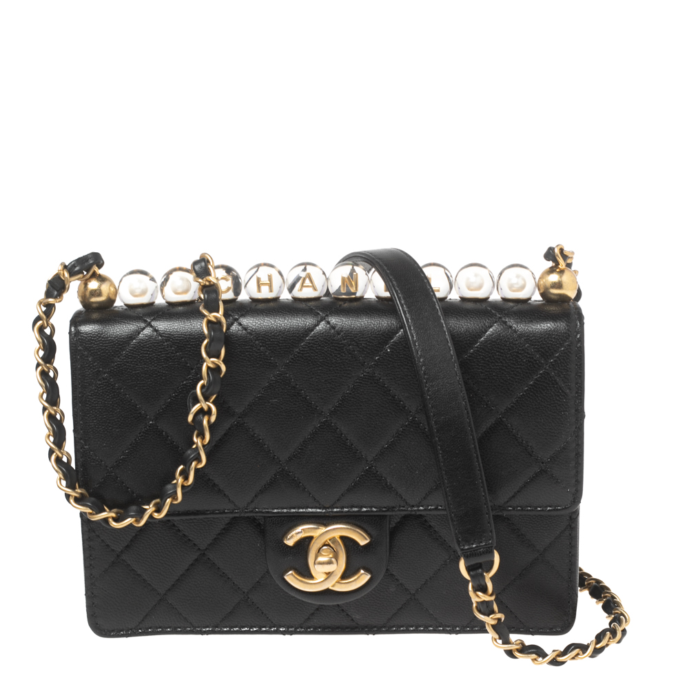 مملوكة مسبقًا Chanel Black Quilted Leather Pearl Flap Shoulder Bag