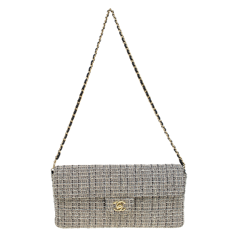 Pre Owned Chanel Grey Quilted Chocolate Bar Tweed East West Flap Bag