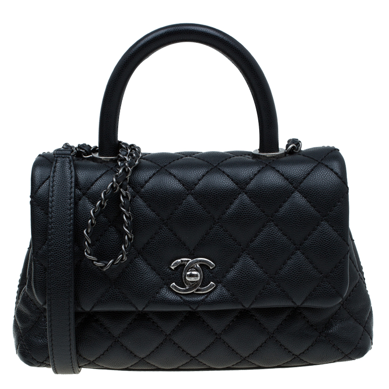 Pre Owned Chanel Black Quilted Caviar Leather Mini Coco Top Handle Bag