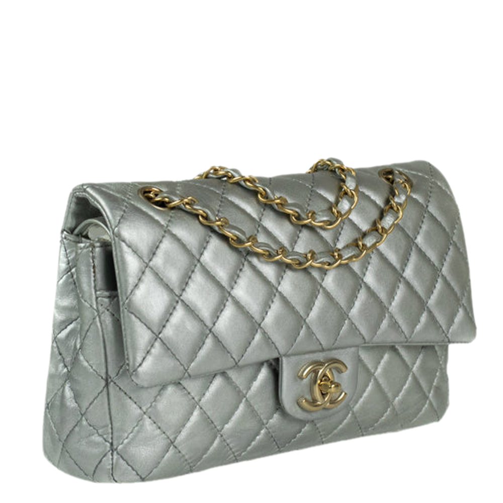 

Chanel Silver Quilted Leather Classic Double Flap Bag