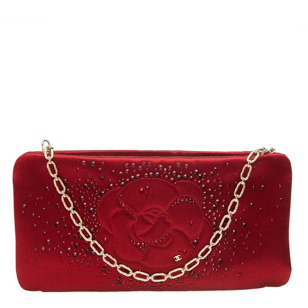 Preowned Chanel Red Satin Embellished Strass Camellia Chain Clutch