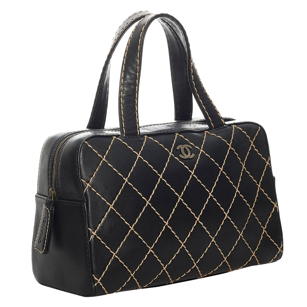 

Chanel Black Lambskin Leather Wild Stitch Top Handle Bag