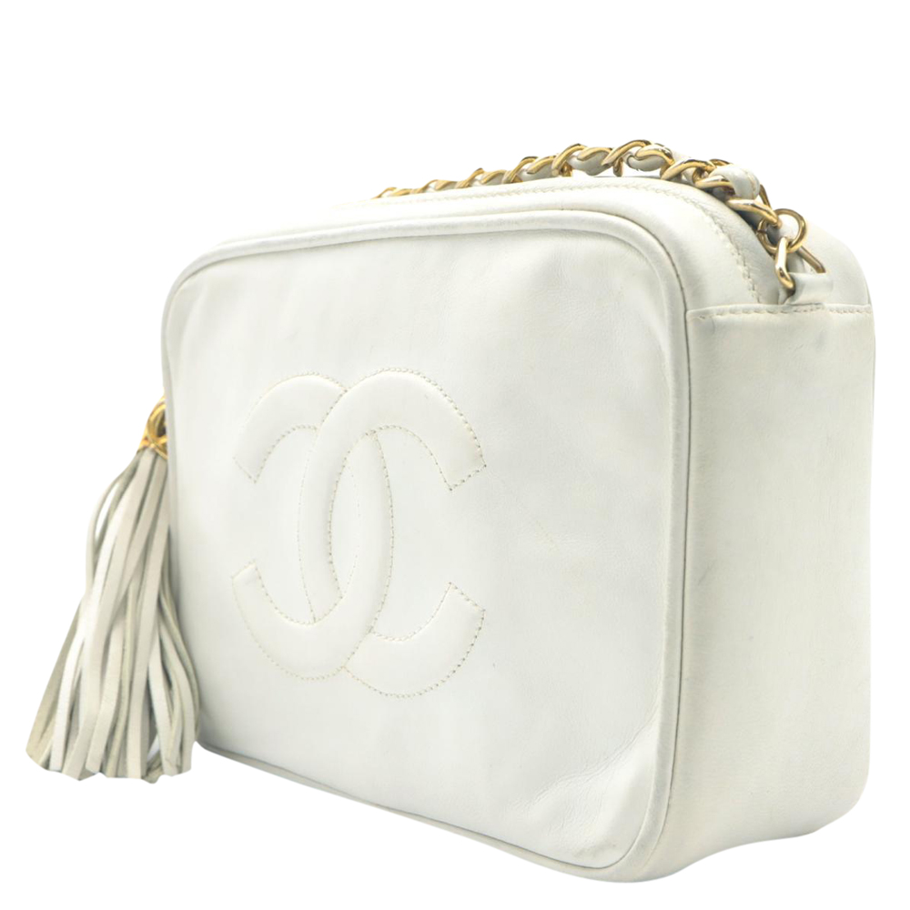 

Chanel White Leather CC Tassel Camera Bag