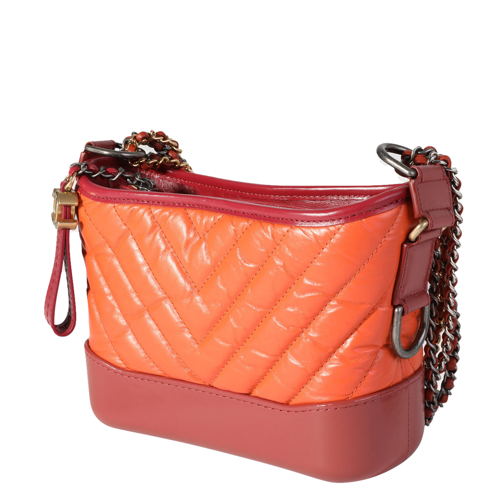 

Chanel Orange & Red Aged Calfskin Chevron Quilted  Gabrielle Hobo Bag