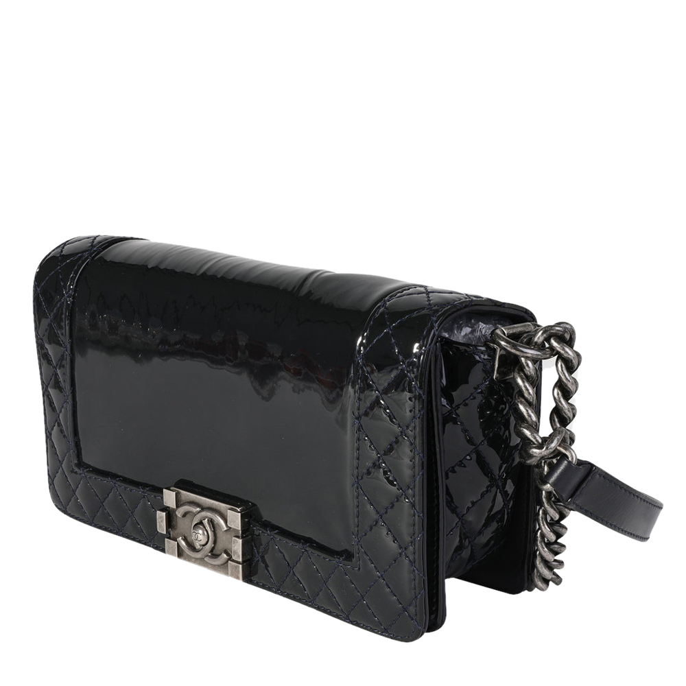 

Chanel Black Quilted Patent Leather Medium Boy Reverso Bag