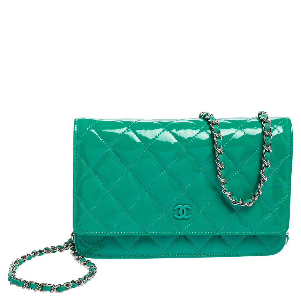 Chanel Green Quilted Patent Leather WOC  Bag