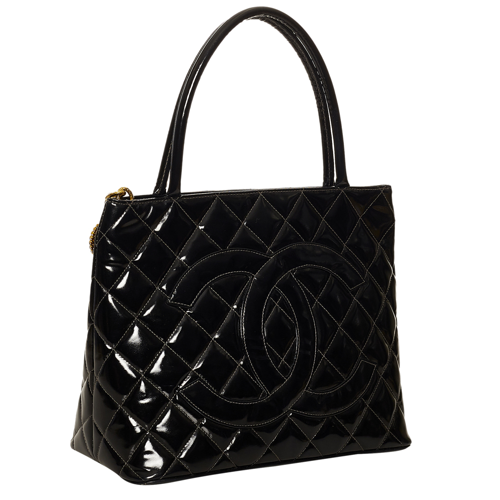 

Chanel Black Patent Leather Medallion Tote Bag
