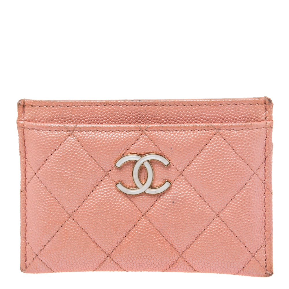 Pre Owned Chanel Pink Iridescent Quilted Caviar Leather CC Card Holder