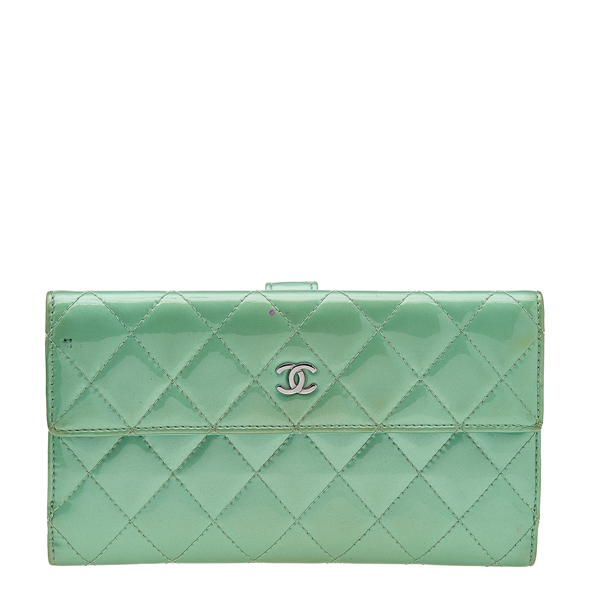 Pre Owned Chanel Mint Green Quilted Patent Leather French Flap Long Wallet