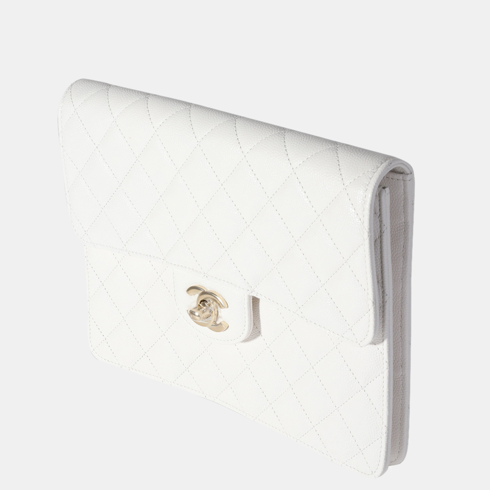 

Chanel White Quilted Caviar Leather Classic Flap Clutch Bag