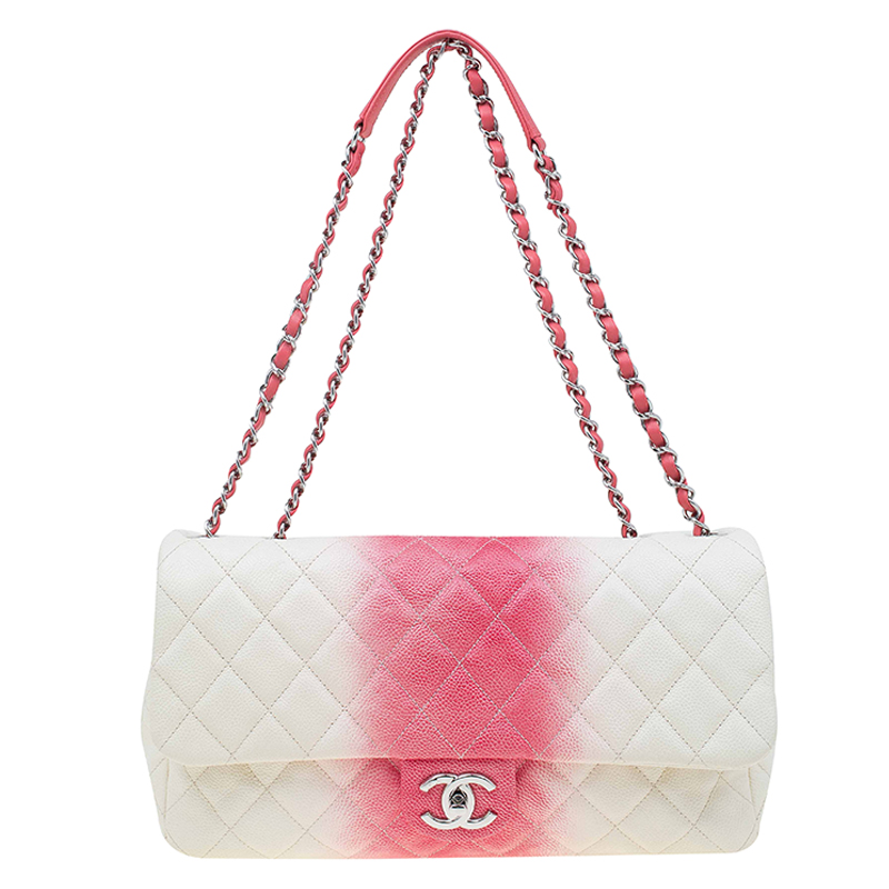 مملوكة مسبقًا حقيبة شانيل أومبير جامبو جلد كافيار أحمر/أبيض مبطن بقلاب