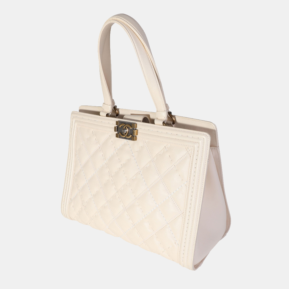 

Chanel White Leather Large Boy Shopping Tote Bag