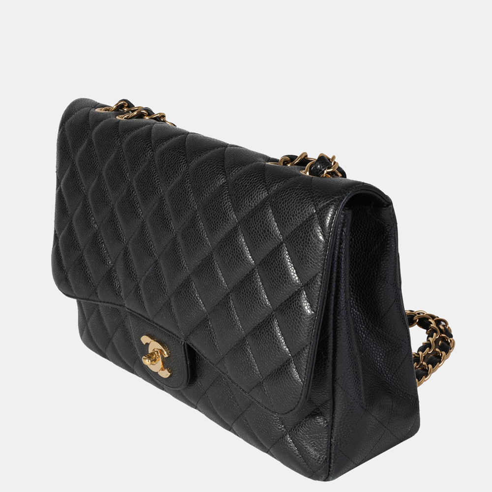 

Chanel Black Caviar Leather Quilted Jumbo Classic Single Flap Shoulder Bag