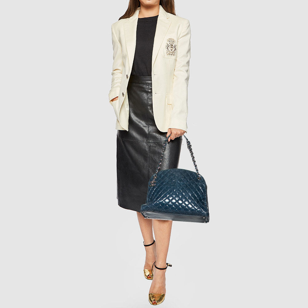 

Chanel Blue Glazed Crackled Quilted Patent Large Just Mademoiselle Bowler Bag
