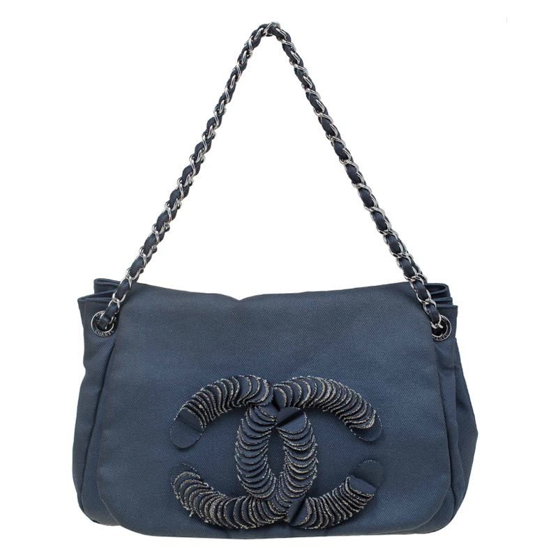 Pre Owned Chanel Blue Denim CC Logo Flap Bag