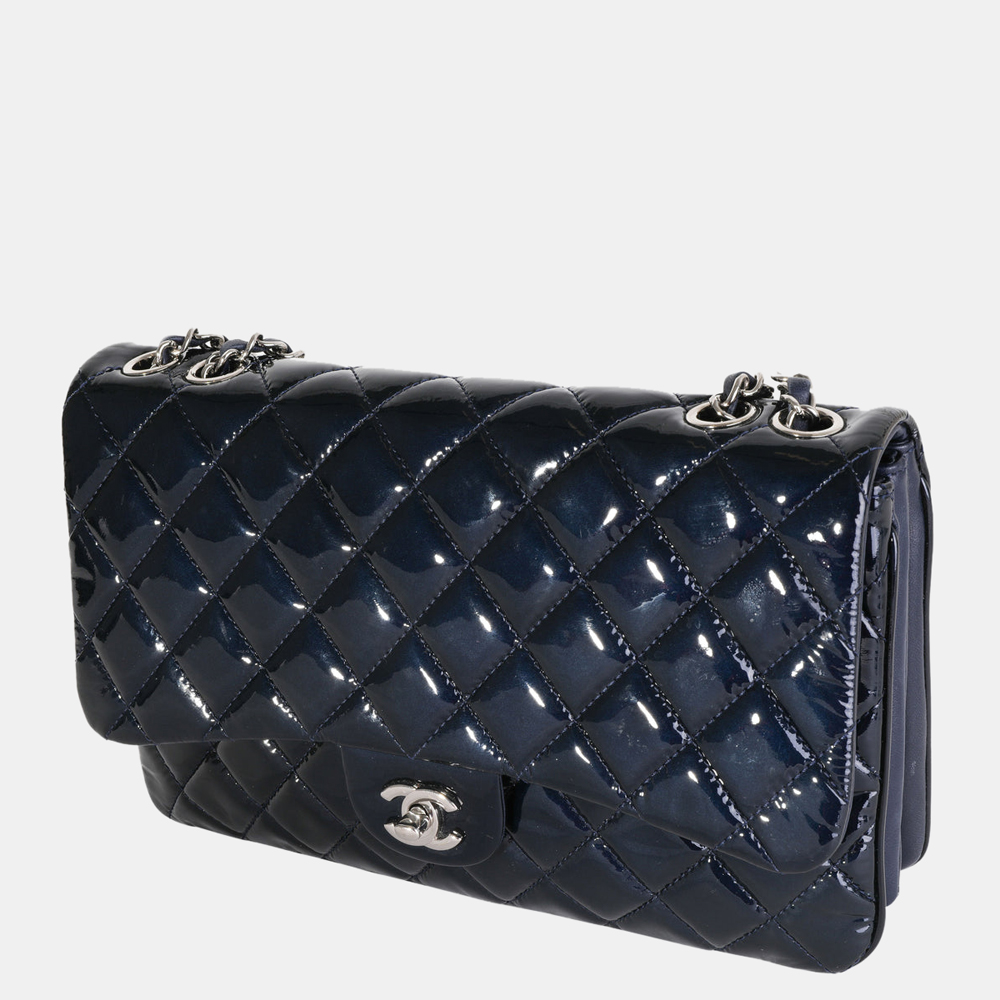 

Chanel Navy Quilted Patent Leather Accordion Flap Shoulder Bag, Navy blue