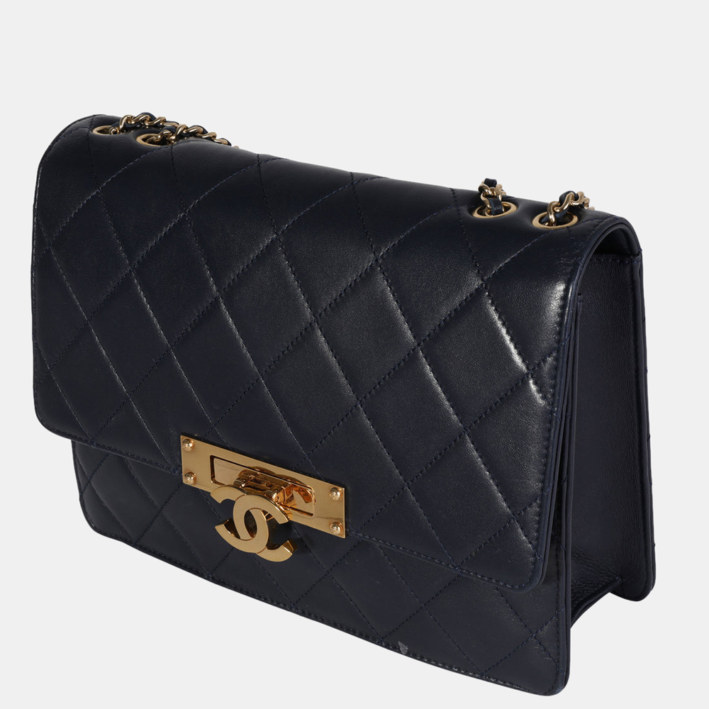 

Chanel Navy Quilted Leather Lambskin Medium Golden Class Flap Shoulder Bag, Navy blue