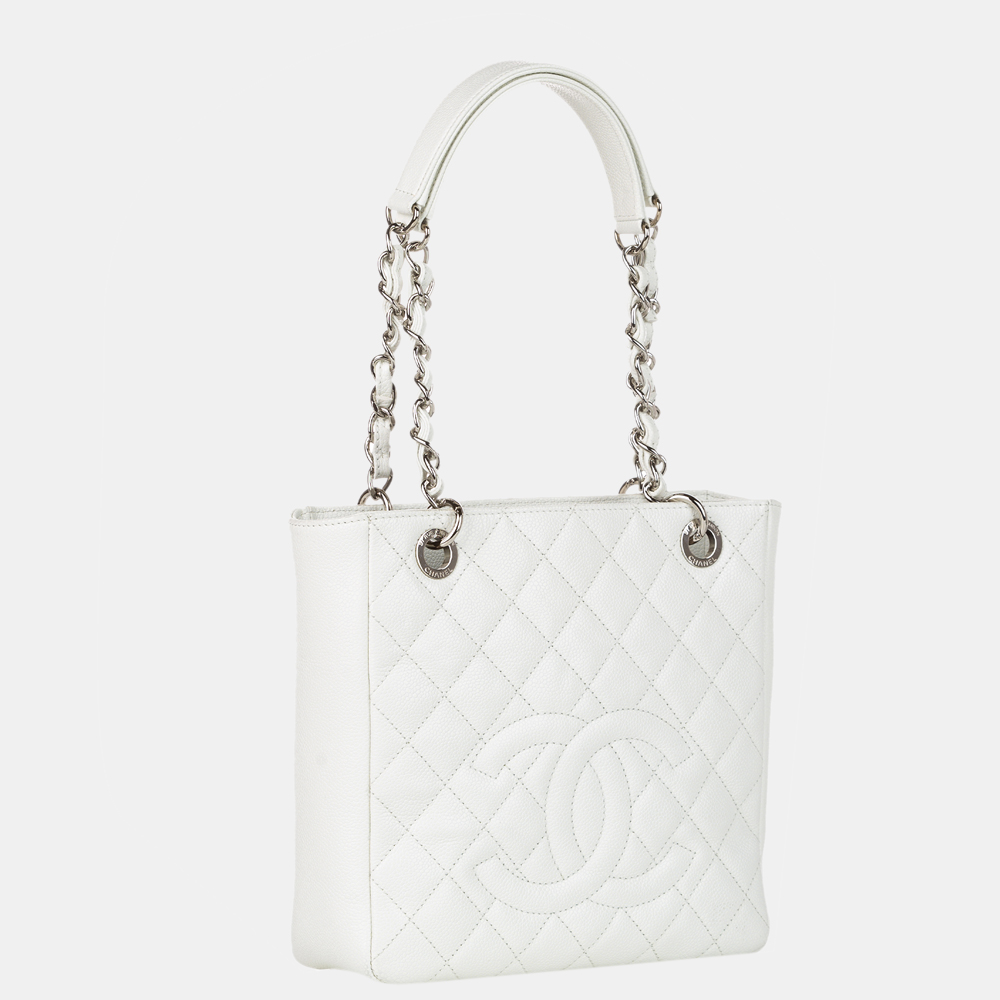

Chanel White Petite Shopping Caviar Leather Tote Bag