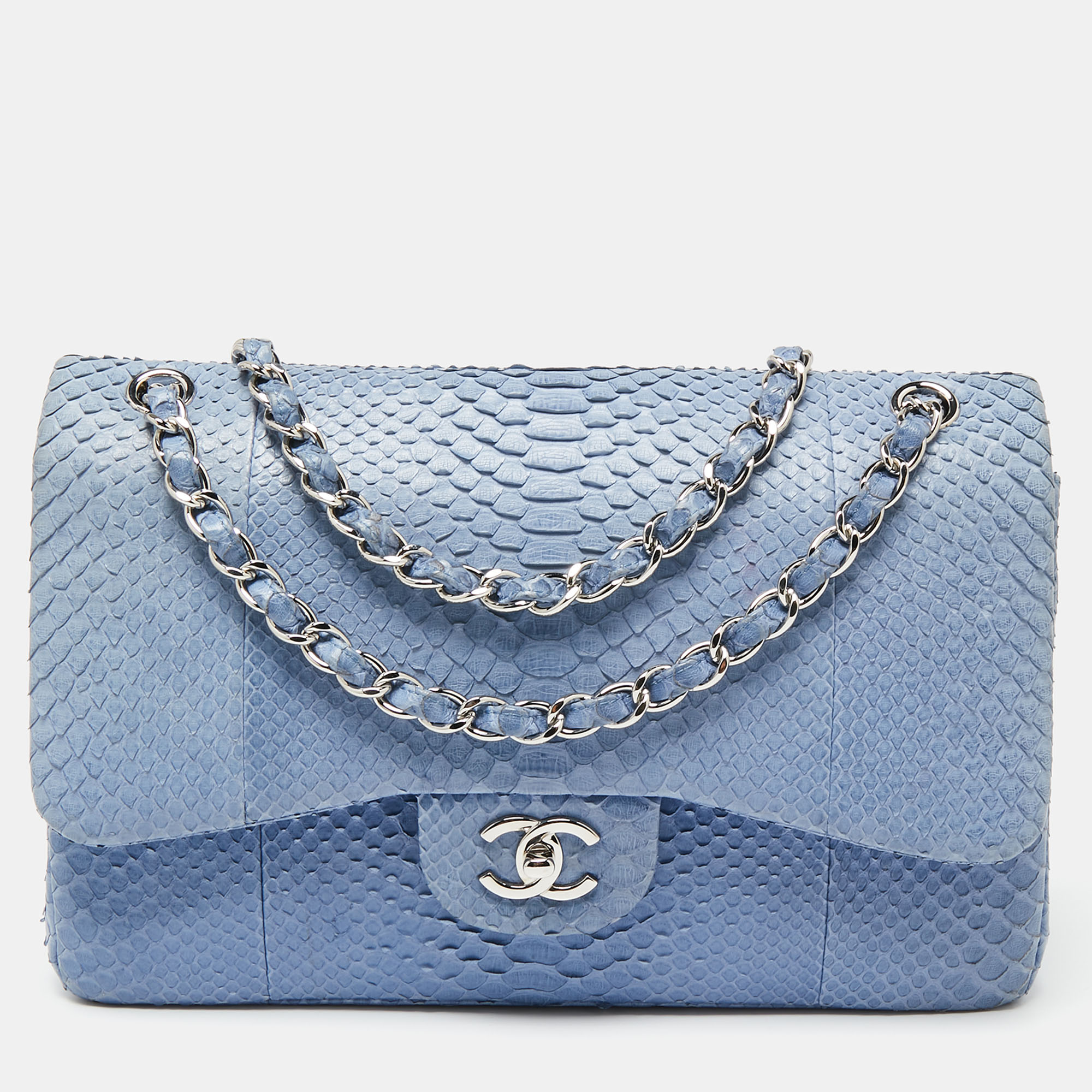 Pre-owned Chanel Blue Python Jumbo Classic Double Flap Bag