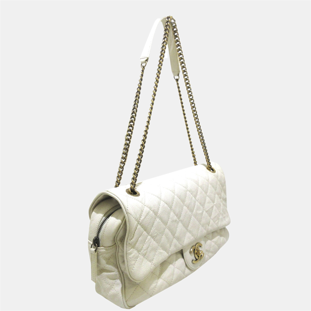 

Chanel White Classic Caviar Leather Single Flap Bag