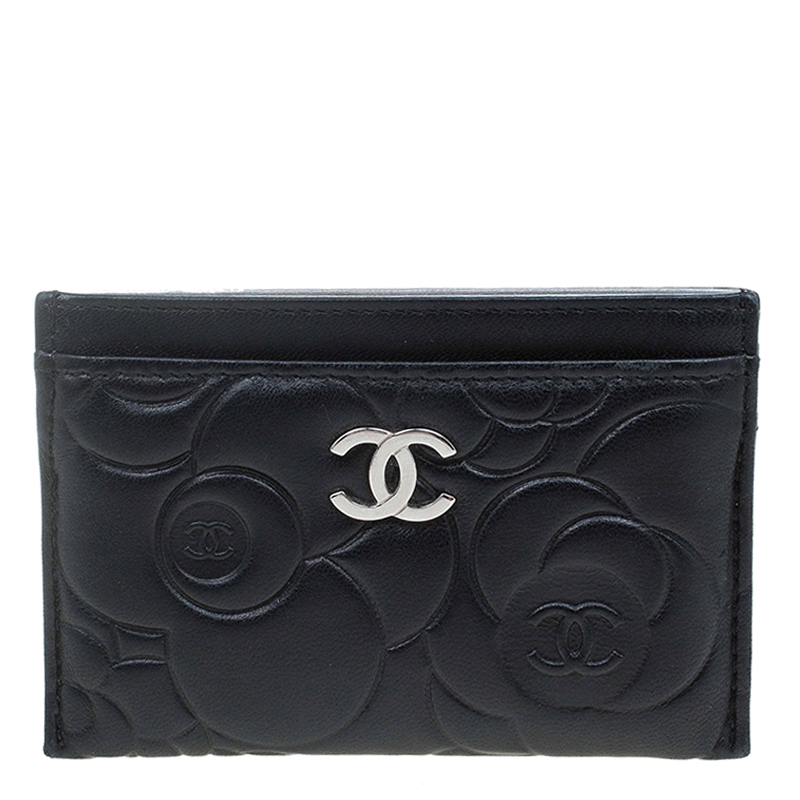 Pre Owned Chanel Black Leather Camellia Embossed Card Holder