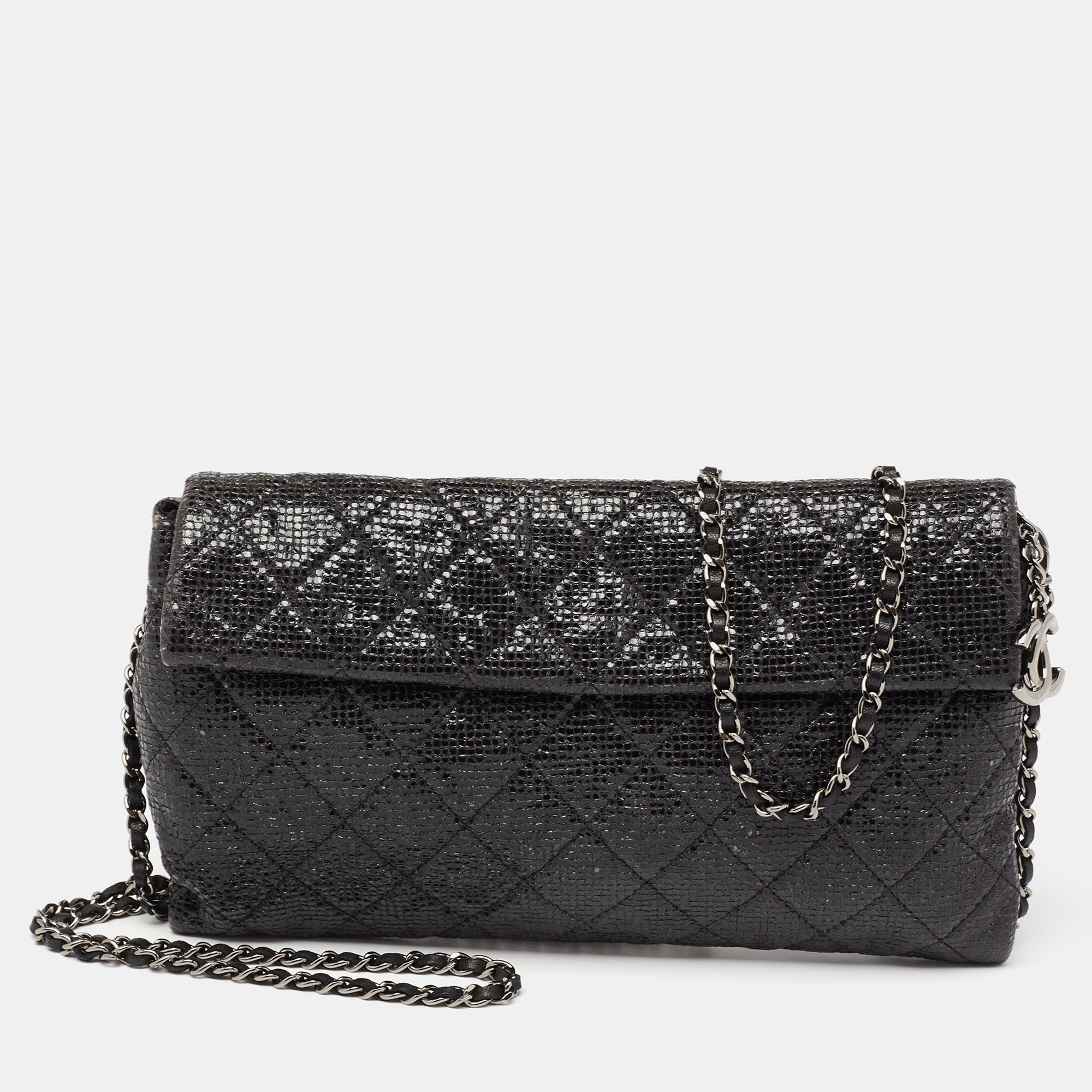 Pre-owned Chanel Black Laminated Suede Cc Flap Chain Clutch | ModeSens