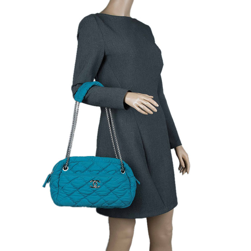 

Chanel Turquoise Quilted Bubble Jersey Snake Effect Chain Bag, Blue