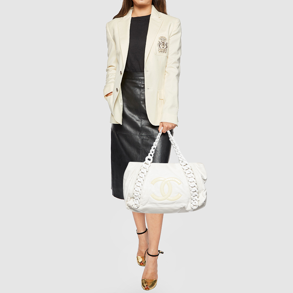 

Chanel White Leather Modern Chain Rhodoid East West Tote