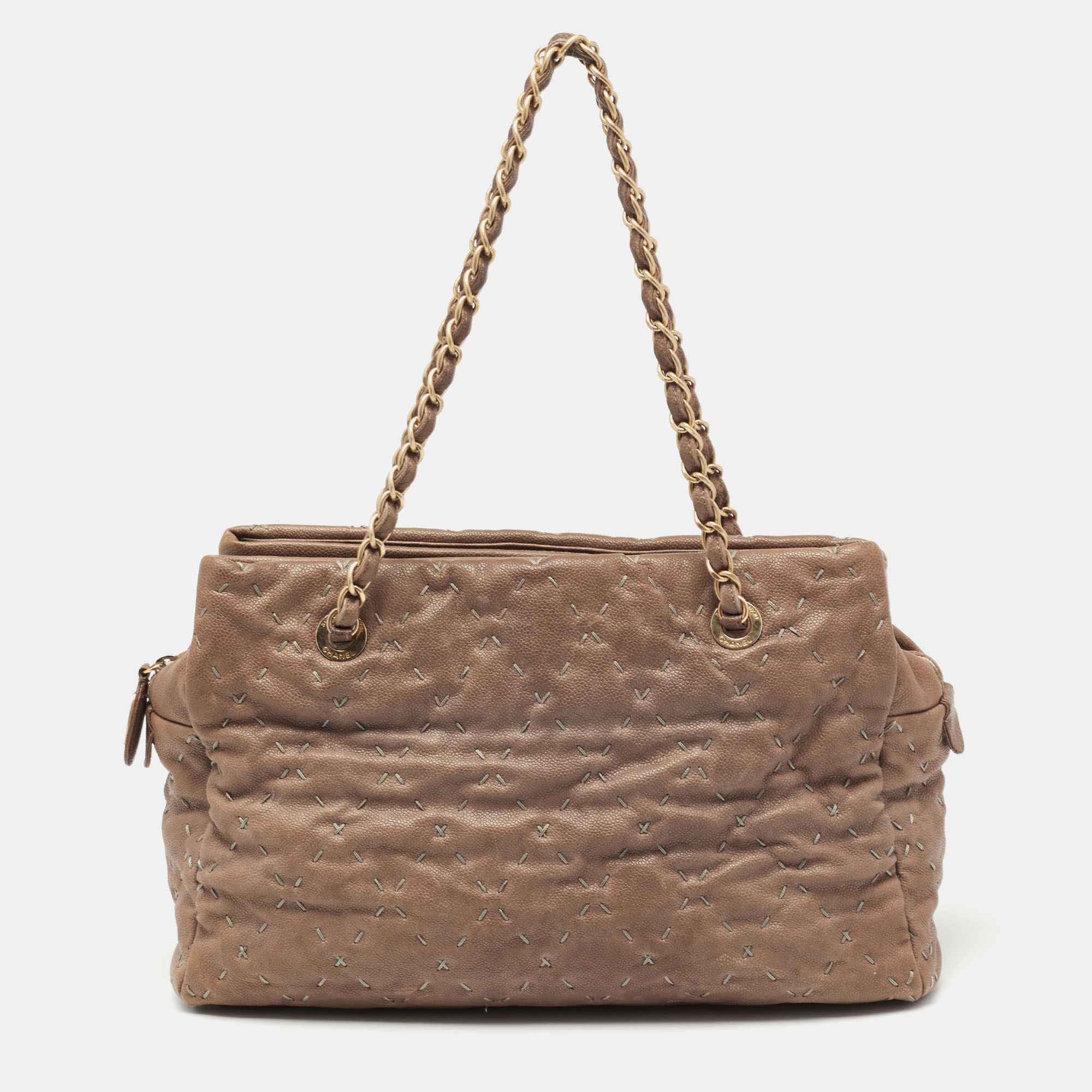 Pre Owned Chanel Beige Leather Wild Stitch Tote