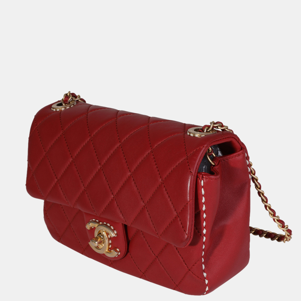 

Chanel Red Quilted Lambskin Leather Small Stitched Single Flap Shoulder Bag