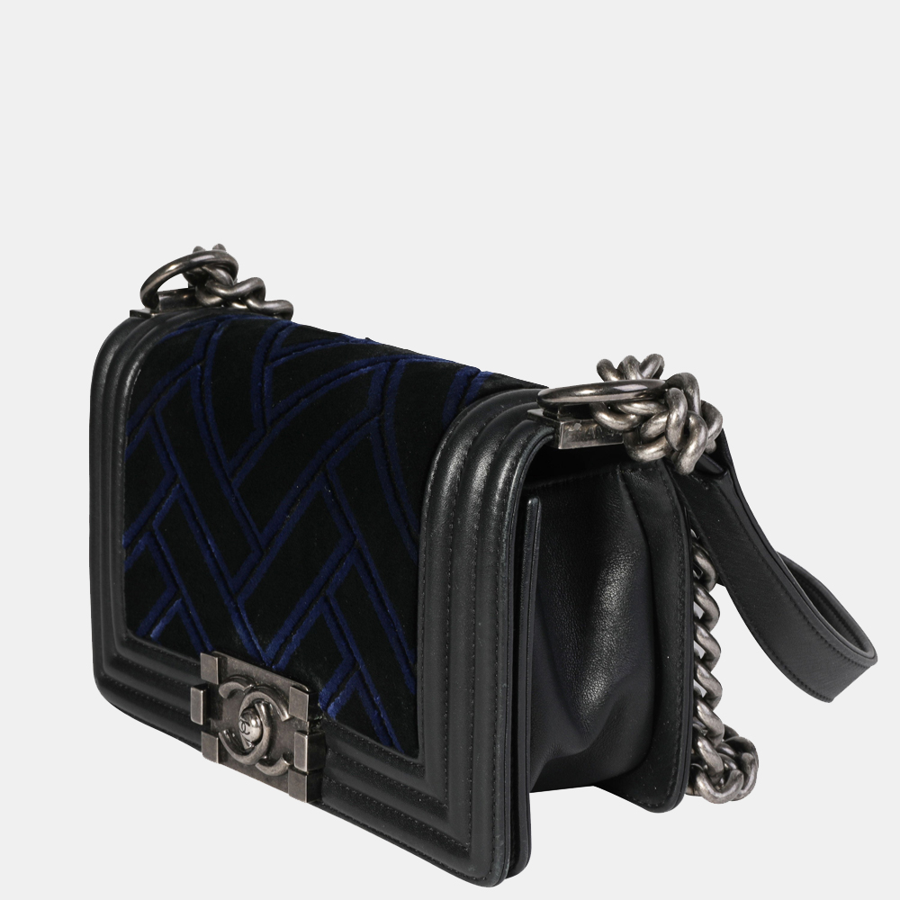 

Chanel Blue/Black Velvet Calfskin Leather Small Boy Bag