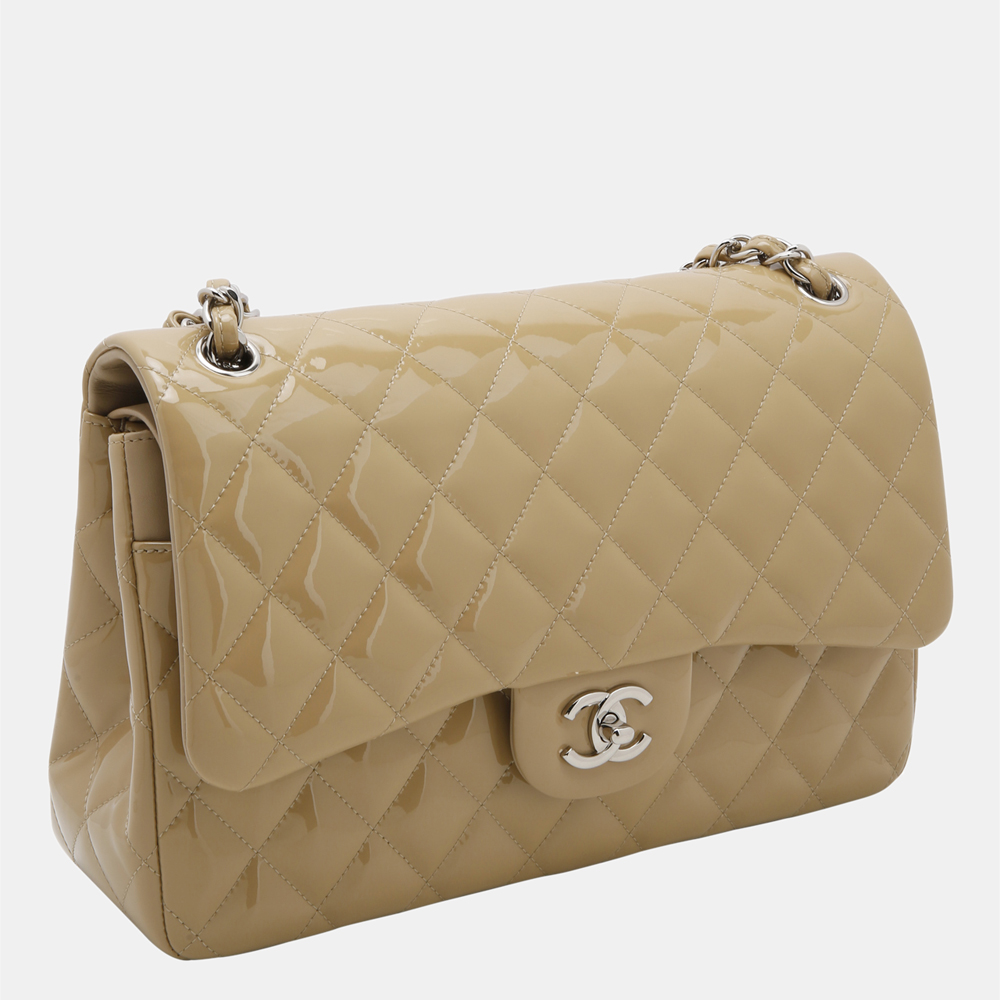 

Chanel Beige Quilted Patent Leather Jumbo Double Flap Shoulder Bag
