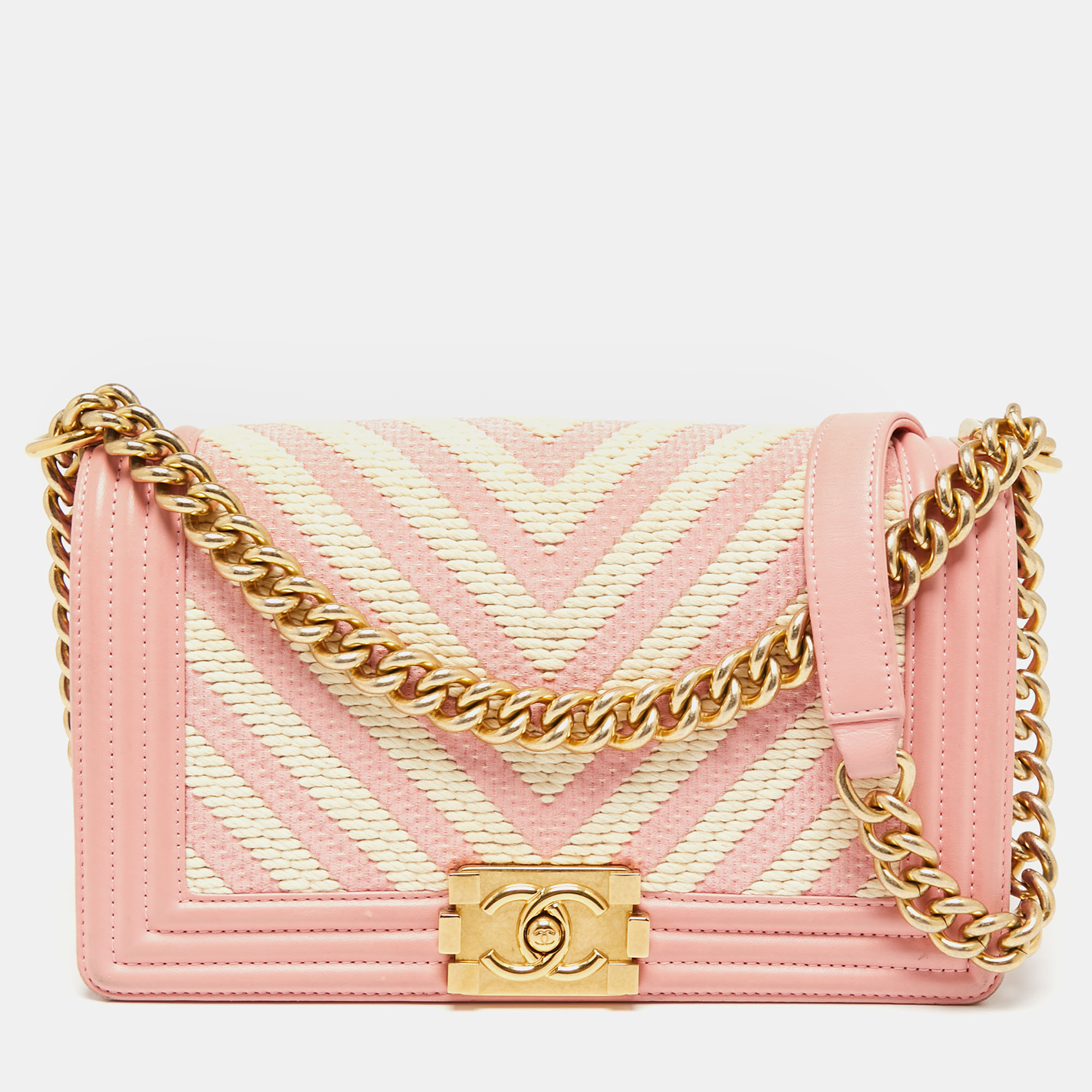 Pre-owned Chanel Pink/white Chevron Braided Fabric And Leather Medium ...