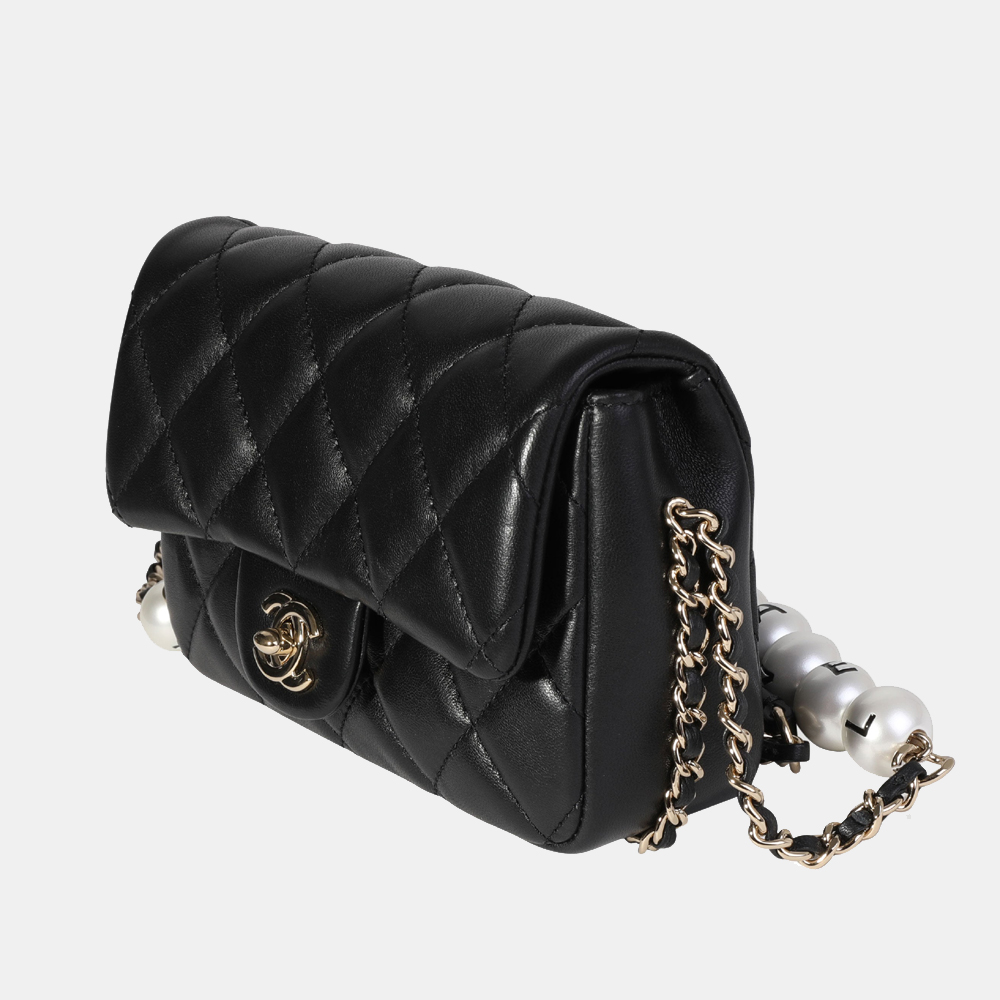 

Chanel Black Quilted Lambskin Leather Pearl Logo Small Flap Shoulder Bag