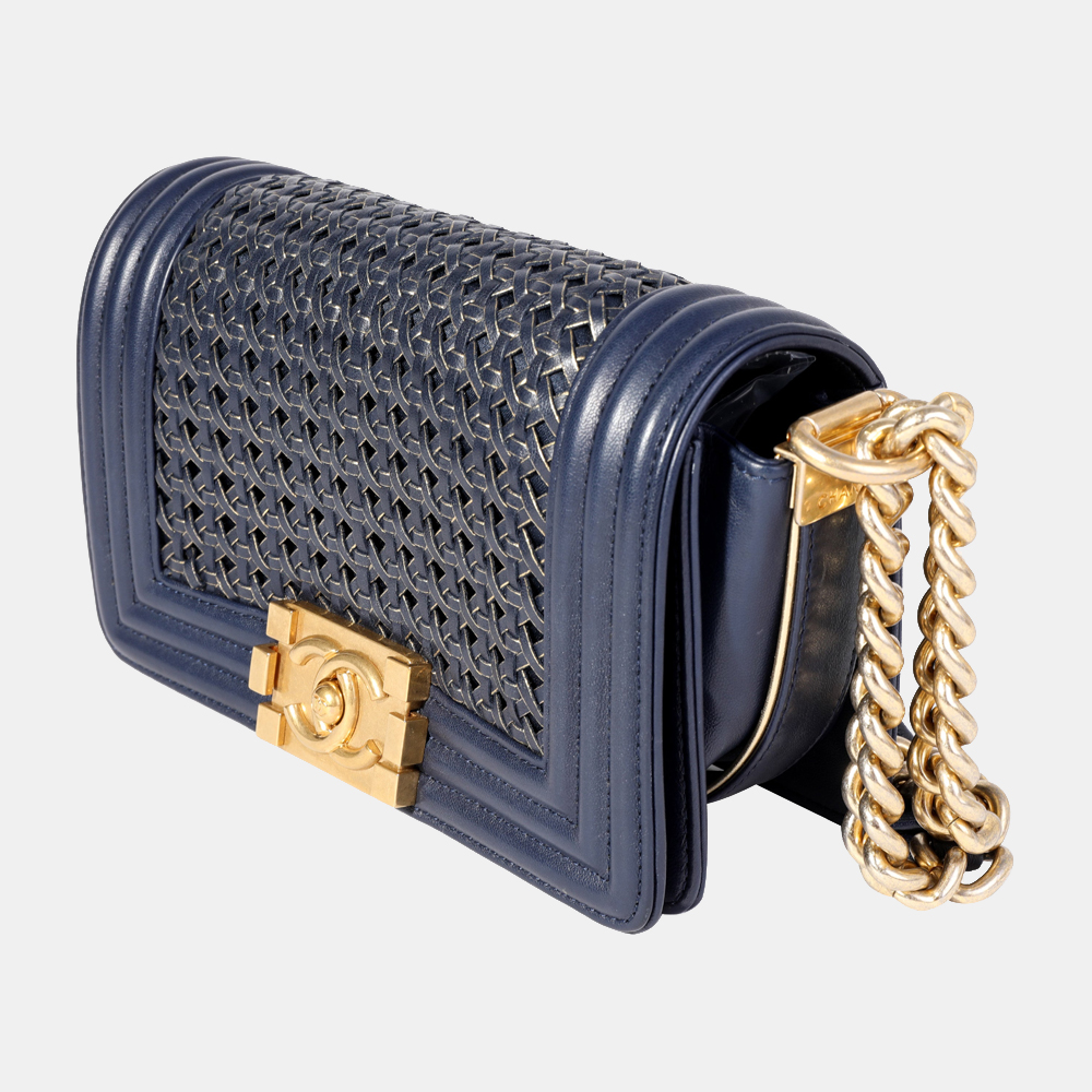 

Chanel Blue Leather Woven Small Boy Bag