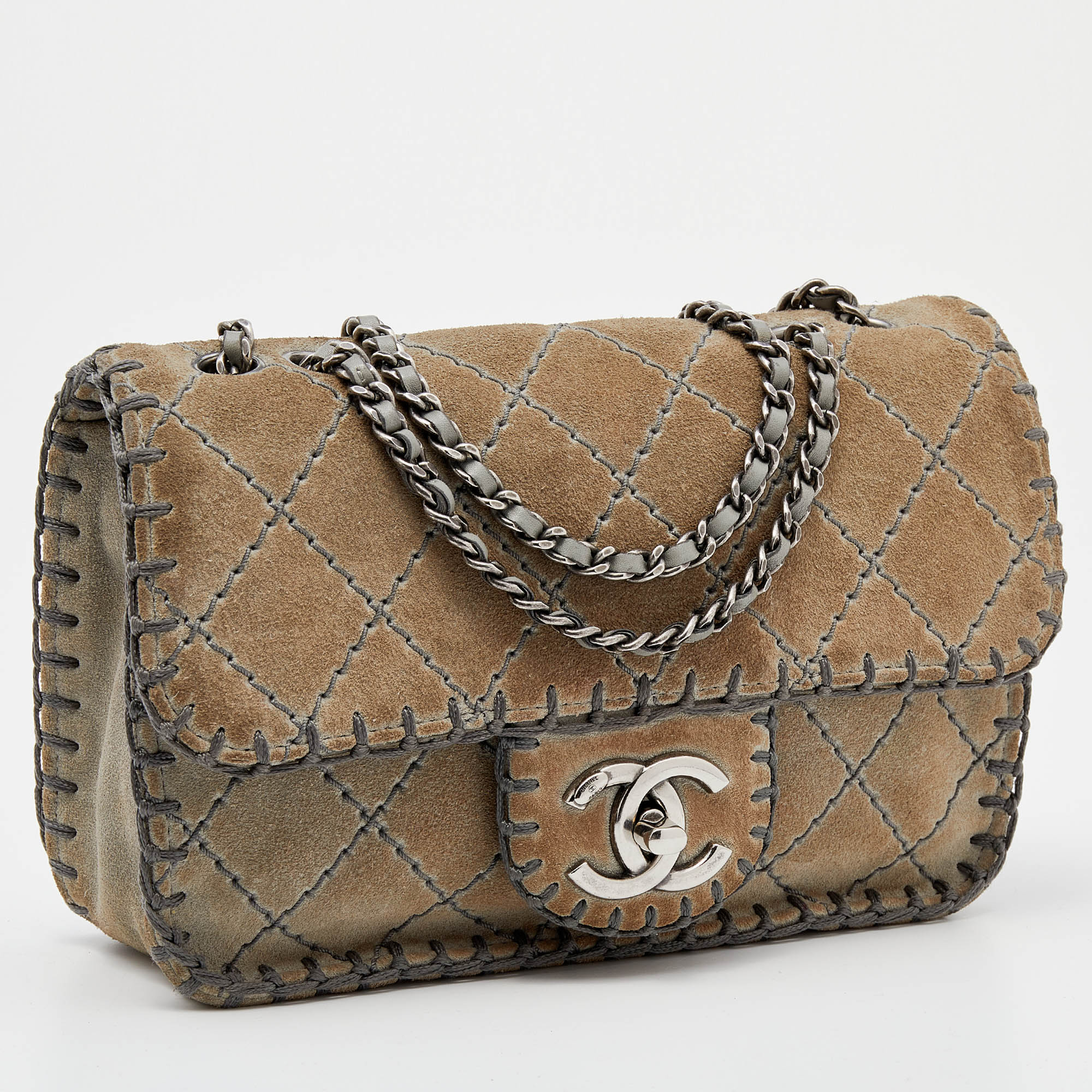 Chanel Grey Quilted Suede Whipstitch Small Flap Bag Chanel TLC