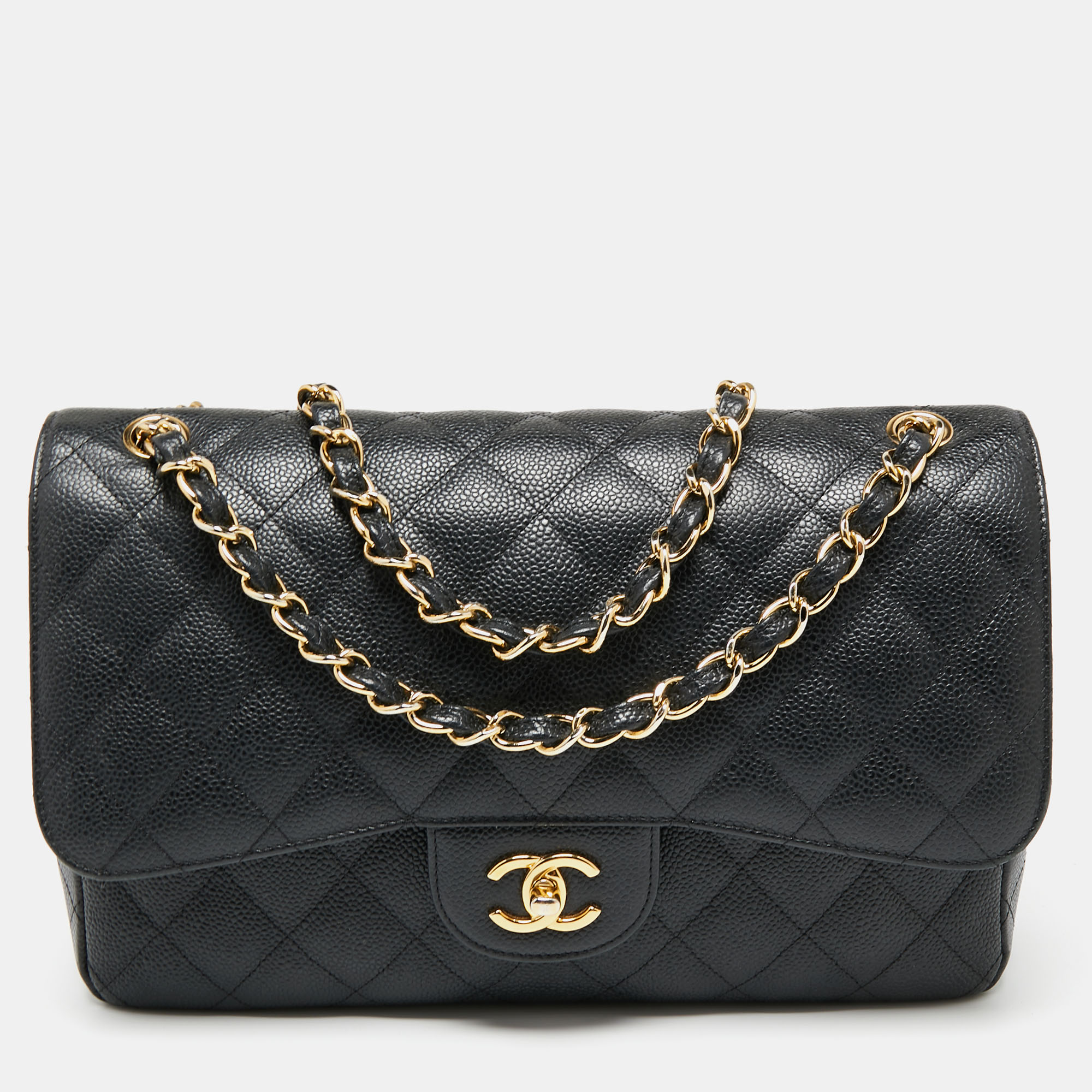 Pre Owned حقيبة شانيل جلد كافيار أسود مبطن قلاب كلاسيك كبيرة