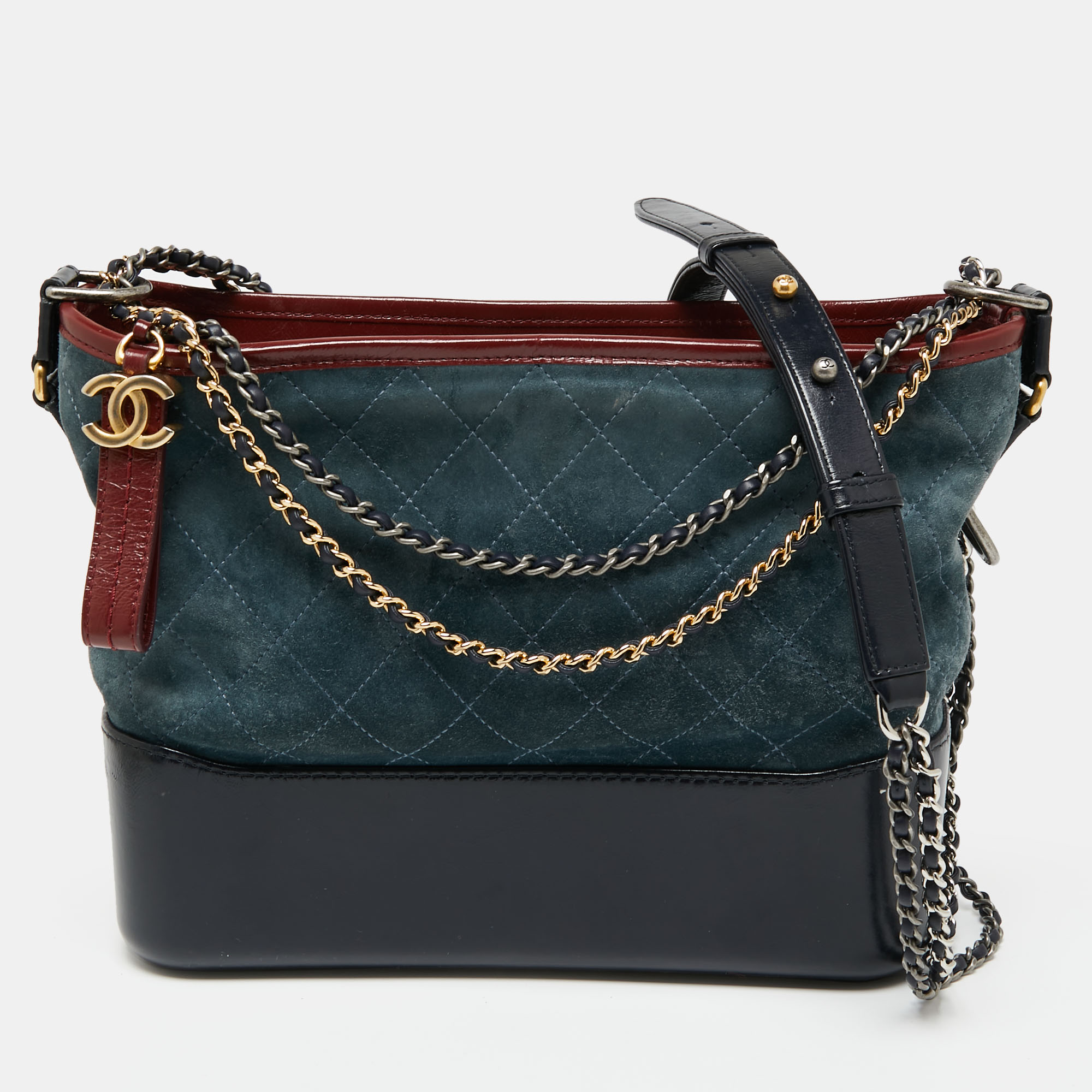 Pre Owned Chanel Blue/Black Quilted Suede And Leather Medium Gabrielle Hobo 