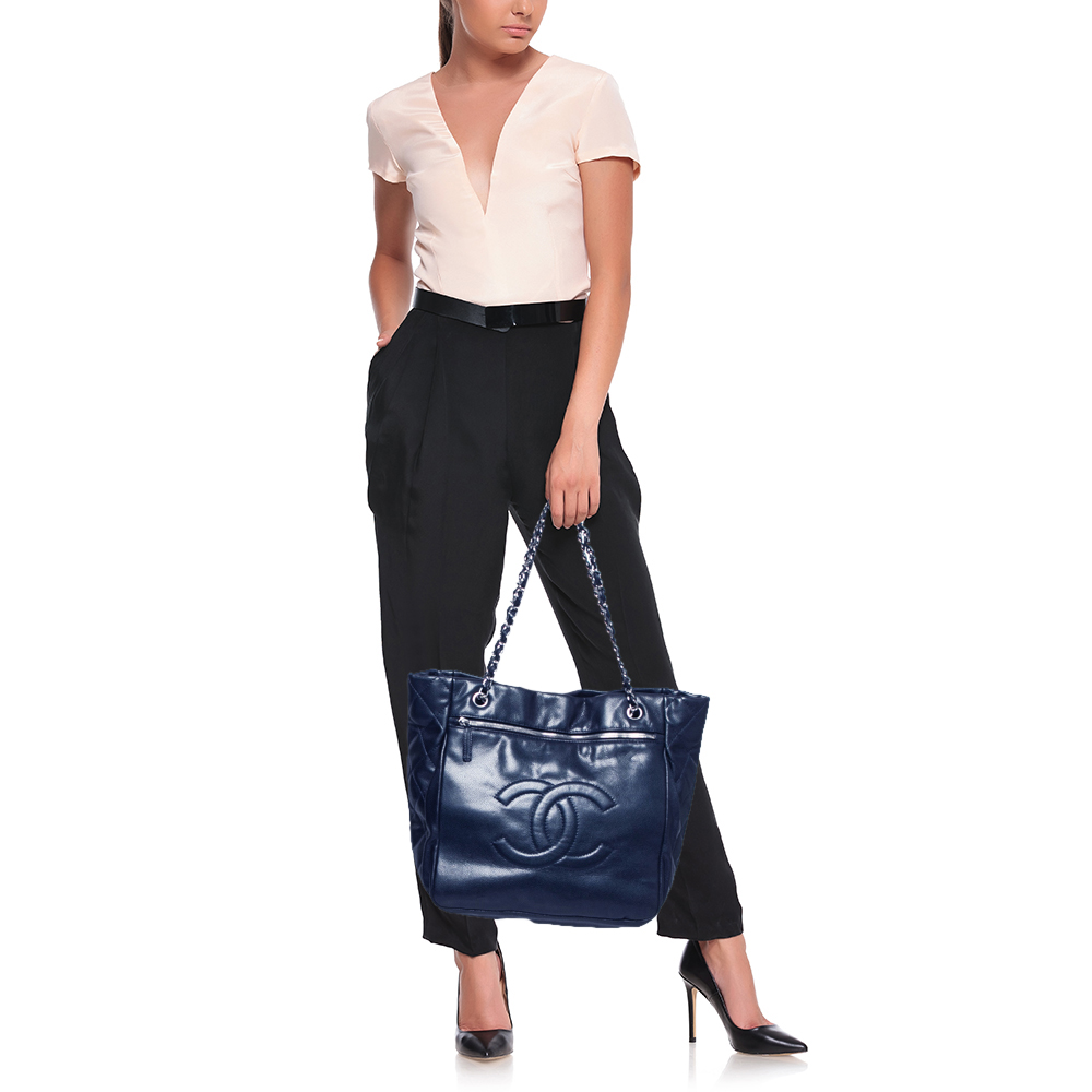 

Chanel Navy Blue Leather CC Timeless Tote Bag